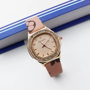 Women's square rose gold quartz watch with diamond bezel and pink leather strap