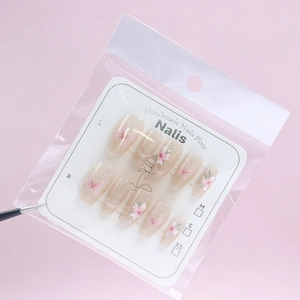 Elegant cat-eye butterfly and peach blossom handmade press-on nails 10pcs set in packaging