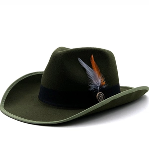 Vintage Western Cowboy Fedora Hat With Feather Metal Badge Wide Brim Cotton Polyester Blend Unisex Retro Style