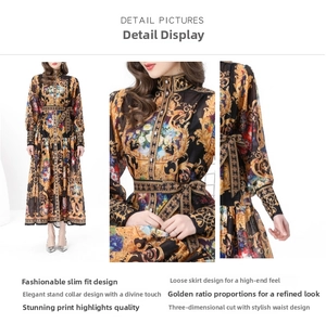 Detail of vintage high-collar floral maxi dress with lantern sleeves and matching belt