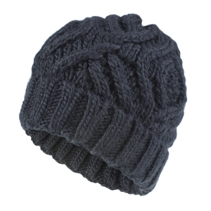Macro detail of the heavy chunky cable knit texture on a black winter beanie hat