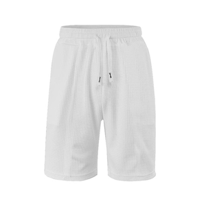 White waffle knit casual shorts for men featuring elastic drawstring waistband in solid color