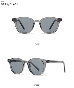 Front and 45-degree side view of gray transparent retro sunglasses with black lenses