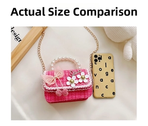 Mini kids tweed handbag with pearl handle and bow, size comparison next to a smartphone