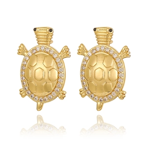 18K gold plated turtle stud earrings with white zircon crystals on white background
