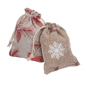 Set of two Christmas burlap drawstring gift bags with red pinecones and white deer patterns