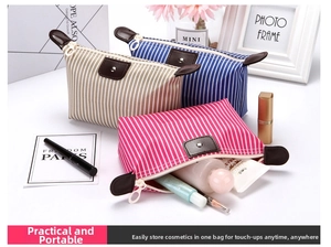 Waterproof striped cosmetic bags in three colors showing spacious interior for makeup