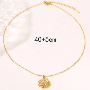 18K gold hollow rose flower pendant necklace with zircon and 40+5cm adjustable chain