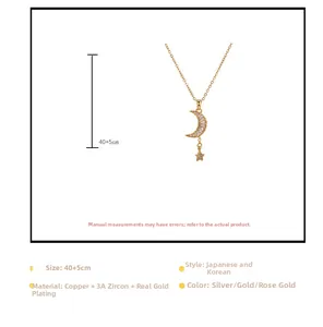Detailed chart of star and moon pendant necklace showing 40+5cm length and zircon settings