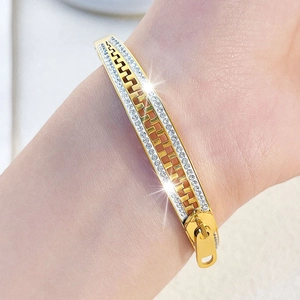 Elegant gold titanium steel zipper bracelet for women featuring double row rhinestones