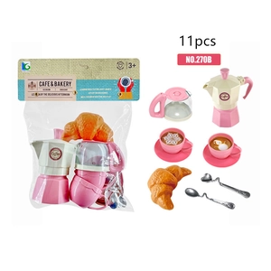 Detailed view of 11-piece coffee and bakery toy set including mocha pot and pastries
