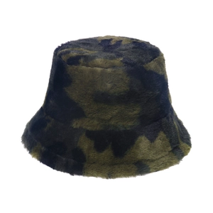 Winter faux rabbit fur bucket hat with forest camouflage pattern for outdoor warmth