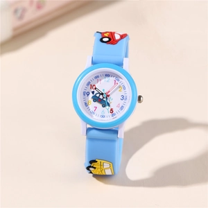 Children's quartz watch featuring cartoon cars and blue silicone strap for kids