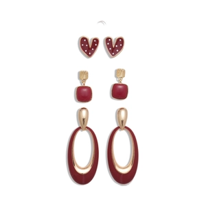 Six-piece set of burgundy heart, square and oval earrings with gold metal accents