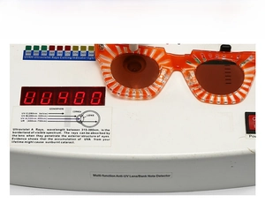 Detail showing UV400 protection test for orange translucent square sunglasses