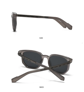 Detail view of square pilot sunglasses showing side frame and back texture in grey