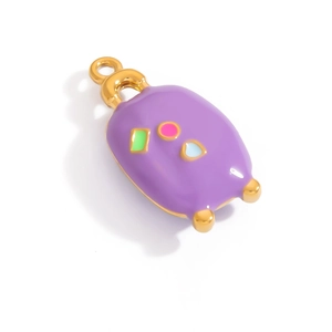 Detail of a purple enamel pendant with 18K gold plating and geometric pattern