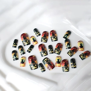Halloween short square press-on nails featuring black cat and pumpkin lantern designs