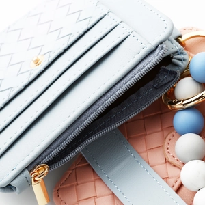 Woven texture credit card holder with zipper pocket and beaded keychain in light blue
