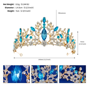 Detail view of gold baroque bridal crown with blue rhinestones and size specifications