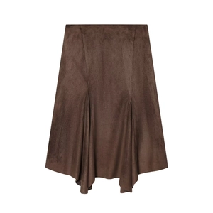 Damen Midi Rock Aus Wildlederimitat Hohe Taille Asymmetrischer Saum Dunkelbraun Streetwear Retro Stil Kleidung