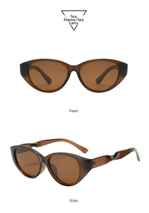 Detaillierte Vorder- und Seitenansicht der tee-farbenen Cat-Eye-Sonnenbrille mit Twist-Design