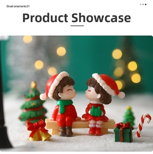 Close-up of miniature Christmas couple on bench with festive holiday micro landscape