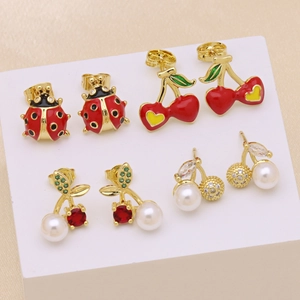 Enamel cherry and ladybug earrings collection with pearls and gold-plated finish