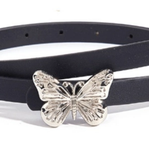 Slim black PU leather belt for women with a 3D silver butterfly buckle detail