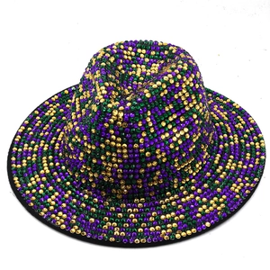 British style fedora hat with purple green gold rhinestones and wide brim for party