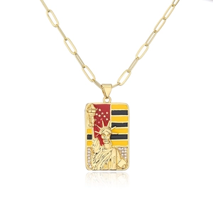 Gold Statue of Liberty square pendant necklace with colorful enamel and pavé zircons
