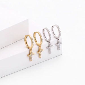 S925 sterling silver cross earrings with zircons in gold and silver finishes