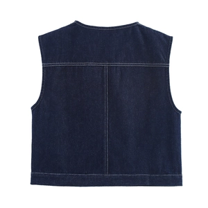 Detailed back view of a dark blue denim sleeveless top with classic stitching details
