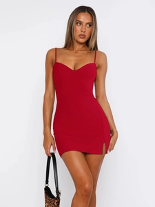 Detail view of red bodycon mini dress with sweetheart neckline and side split detail