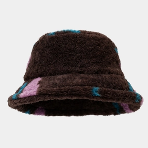 Detailed texture of thick plush bucket hat with brown, blue and purple pattern