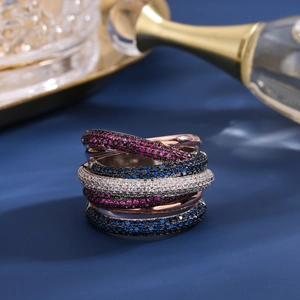 Chic multi-layer crisscross ring with pink and blue micro-pave crystals in rose gold finish