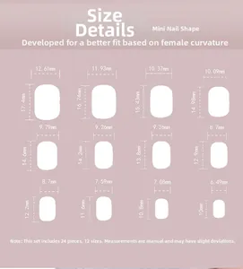 Size chart showing 24 pieces of mini short press-on nails with 12 specific dimensions