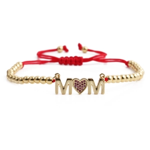 Adjustable red woven Mother's Day bracelet with gold MOM heart pendant and red zircons