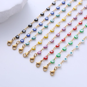 Colorful heart-shaped evil eye pendants in eight colors on gold bracelets