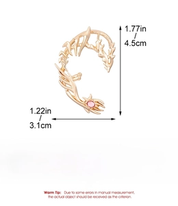 Detail view of thorn spine ear cuff in copper with pink gemstone and sizing measurements