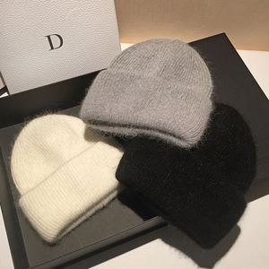 Women Rabbit Fur Knitted Beanie Hat Fluffy Soft Ribbed Cuffed Winter Warm Solid Color Slouchy Skull Cap