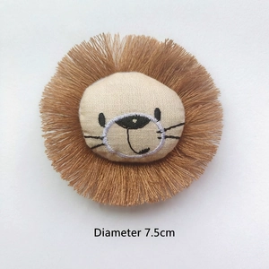 Cute lion plush brooch with brown fringe mane and embroidery, 7.5cm diameter size