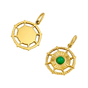 Detail view of round stainless steel pendant showing green stone inlay and smooth back