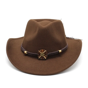Detail of wool fedora with brown braided band and sunflower metal ornament