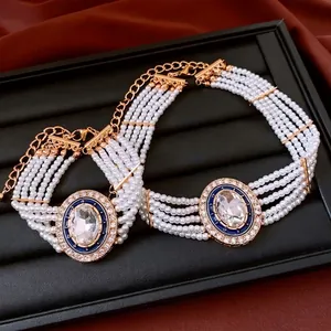 Vintage multi-layer pearl jewelry set with blue enamel and oval crystal pendant