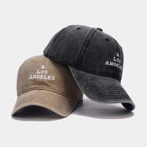 Vintage washed canvas baseball caps in dark grey and khaki with A Los Angeles embroidery