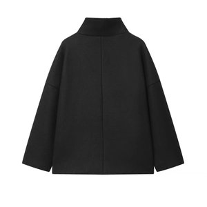 Women's black wool coat with high collar and drop shoulder design, back view view