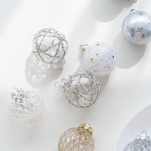 6cm champagne and white Christmas tree ornament balls with glitter and embossed patterns
