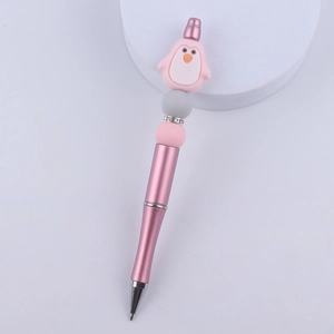 Pink penguin bead pen with silicone animal topper and sparkling rhinestone detail