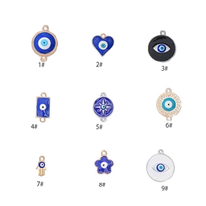 Detailed grid of enamel evil eye pendants in various shapes with numeric labels